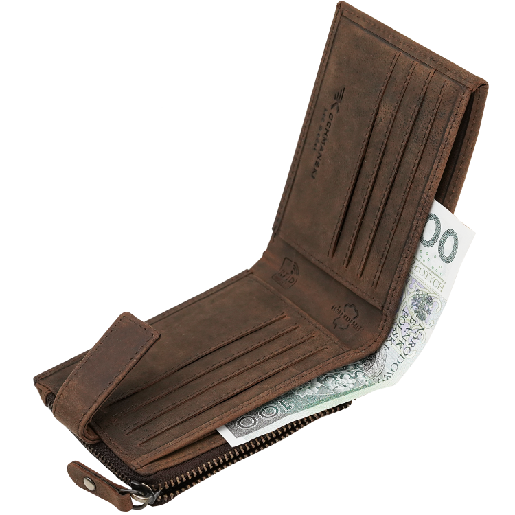 Męski portfel skórzany na zatrzask i kieszonką na zamek brąz Leo 3395 (9).png