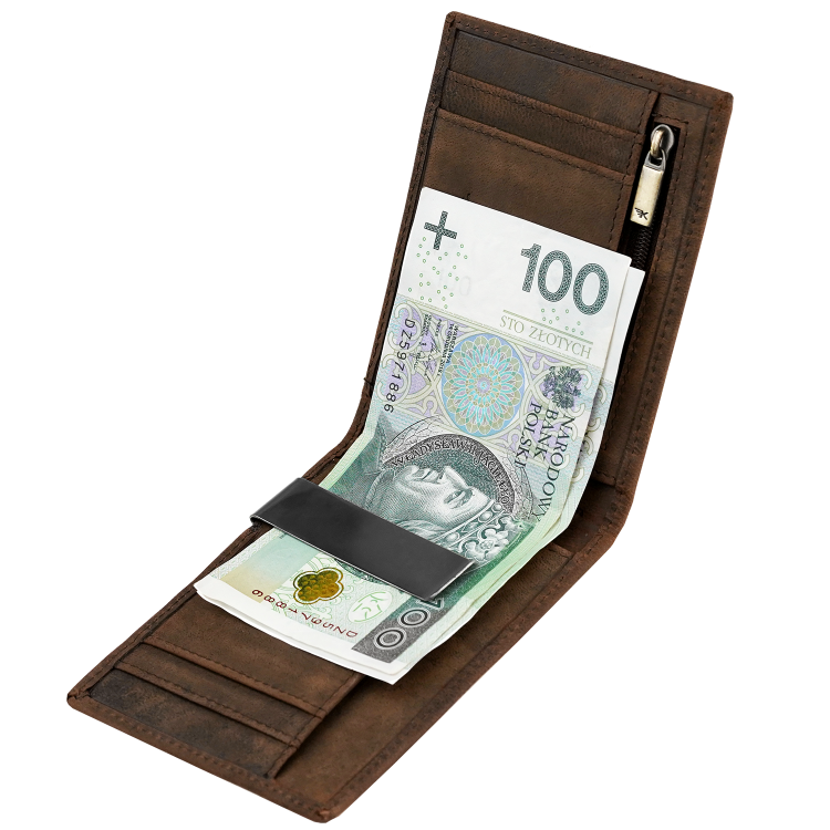 Ultra cienki skórzany portfel z klipsem na banknoty brąz Leo 3406 (7).png