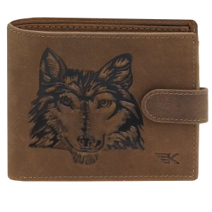 Męski portfel na zatrzask z wilkiem brąz skóra naturalna WallStreet
